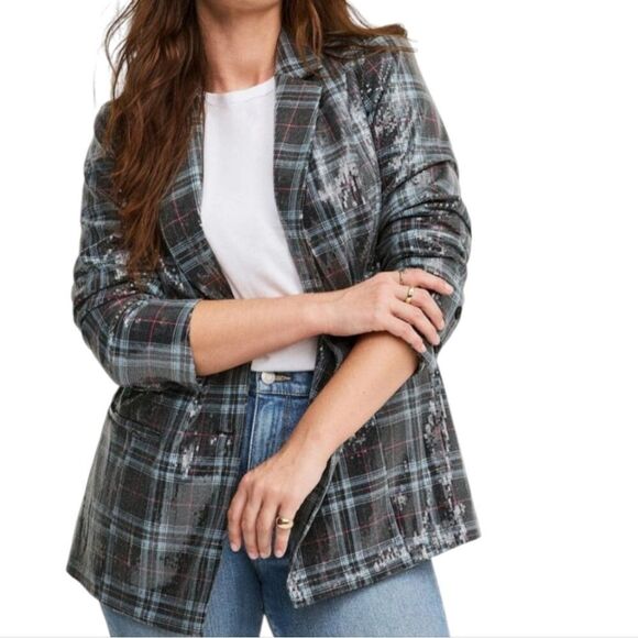 NWT Torrid Sequin Button Front Blazer Plaid blue black satin interior size L - Picture 1 of 14